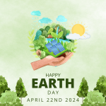 Renewables celebrates World Earth Day with an image of a hand holding the planet with trees, rivers, solar panels, sun and clouds.